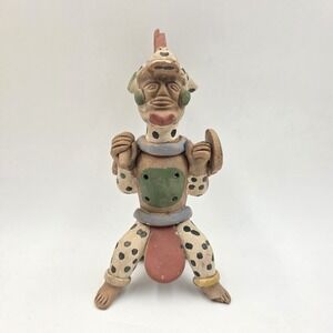 VTG Mexican Folk Art Clay Warrior Whistle Hand Painted Aztec Mayan Figure
